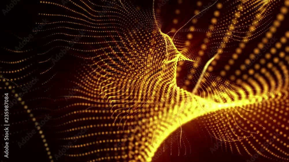Poster animated looped background of orange glowing particles. 3d render