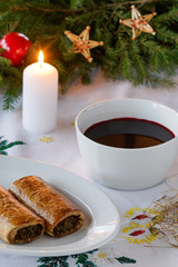 Polish Christmas borscht with mushroom and cabbage pastry homemade