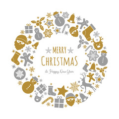 Merry Christmas and Happy New Year - greeting card with festive ornaments. Vector.