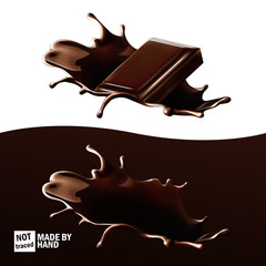 Chocolate splashes, piece of chocolate thrown in hot chocolate. Realistic vector set, isolated design elements.