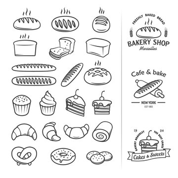 Line icons of bread and other products from which you can create a cool vintage logo for groceries, bakeries, cakery, shops and restaurants. Editable vector set