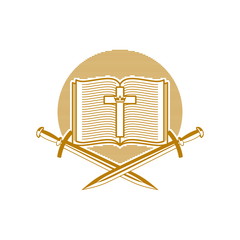 	Church logo. Christian symbols. An open Bible, the cross of Jesus Christ and swords