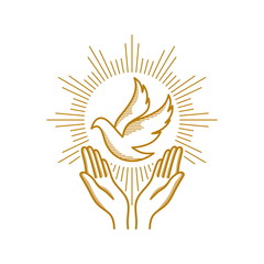 Fototapeta 	Church logo. Christian symbols. Praying hands and dove - a symbol of the Holy Spirit. obraz