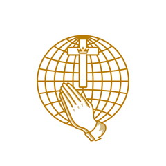 Church logo. Christian symbols. Praying hands and the cross of Jesus Christ on the background of the globe.