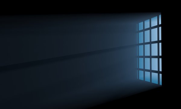 Night scene of volume moon light seen through the lattice window from dark room. 3D illustration