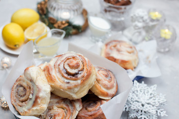 Fresh Sweet Homemade Cinnamon Rolls. Fresh Homemade Cinnamon Buns. Cinnamon Rolls with Cream Cheese Icing for Breakfast.