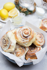 Fresh Sweet Homemade Cinnamon Rolls. Fresh Homemade Cinnamon Buns. Cinnamon Rolls with Cream Cheese Icing for Breakfast.