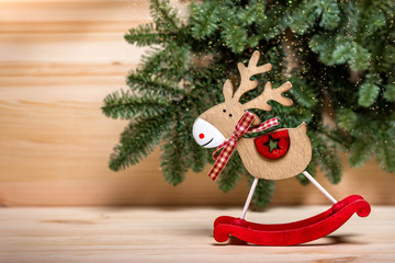 christmas new year, fir branches, wood, wooden figures, deer
