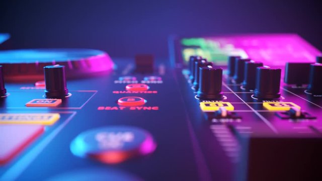 DJ Set in an endless looping animation. Electro music equipment in a club lights