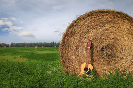 Close up of an acoustic guitar in a wheat field