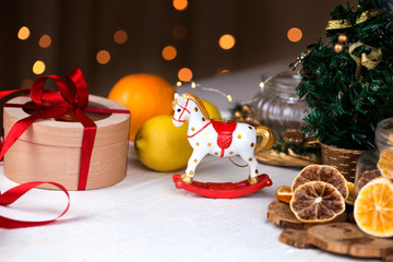 Christmas holidays composition  with copy space for your text. Christmas gift box in craft paper with red ribbon.