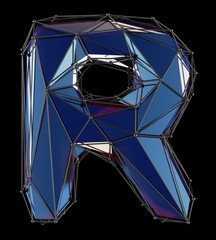 Capital latin letter R in low poly style blue color isolated on black background