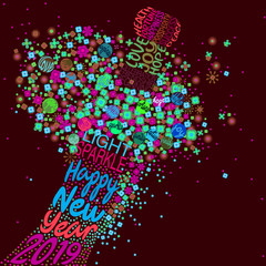 An abstract vector illustration of flowers popping from a typography champagne bottle with a fizz of splashed flora