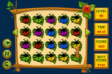 Vector interface ladybugs Match3 Games. Multicolored ladybug, game assets icons and buttons.