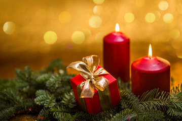 Fototapeta na wymiar christmas new year, presents, spruce branch, candles