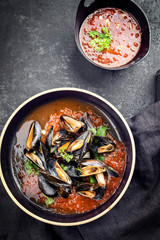 Traditionel gegrillte italienische Miesmuscheln in Tomaten Rotwein Sauce mit Kräuter und Knoblauch als Draufsicht auf einem Modern Design Teller