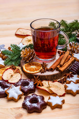 christmas new year, tea, biscuits, dried fruit, cinnamon