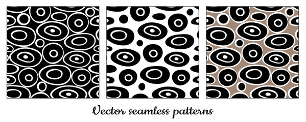 Seamless vector background. Ovals and circles. Black with white contour.
