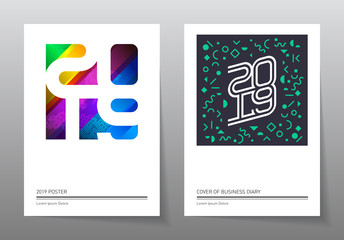 2019. Set of bright new year posters. The futuristic Cover of the calendar or business diary. Vector illustration with geometric shapes and line art elements.