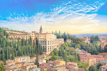 Beautiful view of the hill of San Pietro and the panorama of the city of Verona, Italy