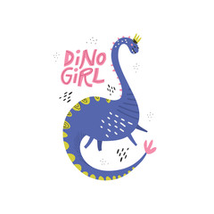 Fototapeta premium Dino girl color flat hand drawn vector character