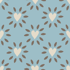 Charming folk art illustrations of glowing hearts blue gray / grey, silver and light brown seamless vector pattern that is perfect for textiles, fashion, home decor, gift wrapping paper and cards.