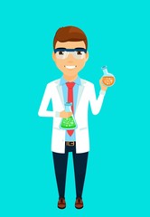 The concept of the scientist. A young scientist holding a test tube with chemicals. Flat style. Cartoon.