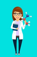 The concept of the scientist. A young scientist girl holding a molecular lattice in her hand. Flat style. Cartoon.