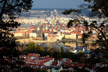 View from above of the Charles Bridge, the Vltava and the old town in Prague