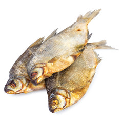 stack of three dried salted fishes isolated on white background