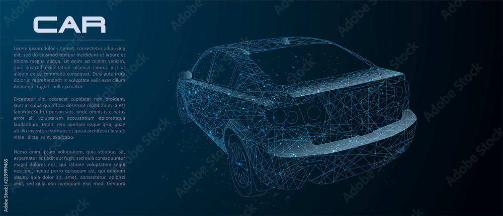 Fototapete Sport car with polygon line on abstract background. Polygonal space low poly with connecting dots and lines. Connection structure. Vector speed concept background.