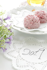 Hand written 2019 lace paper and chocolate for new year background