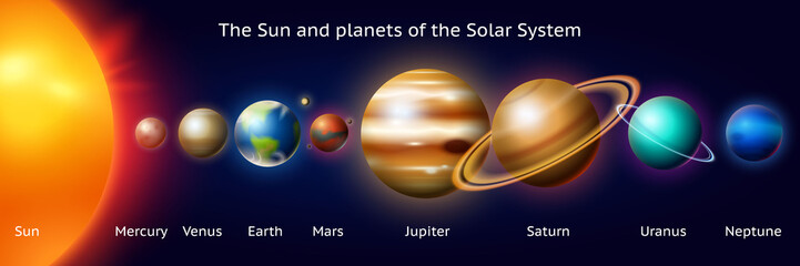 Set of Planets of the solar system. Milky Way. Realistic vector illustration. Space and astronomy, the infinite universe and the galaxy among the stars in the sky. Sphere Mars Venus Sun Earth Jupiter. © artbalitskiy