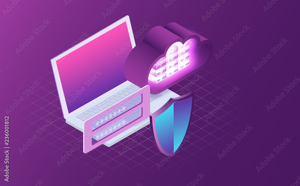 Poster computer security and data protection concept. digital data protection, privacy. 3d laptop with shie