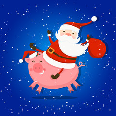 Merry Christmas and Happy New Year winter holidays greeting card with pig how symbol of year and Santa Claus. Vector illustration