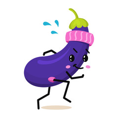 Sports vegetable eggplant character. Cute healthy fruit and funny face. Happy food. vegetarian vitamin diet and fitness concept.