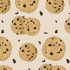 Fototapeta premium Cookie meal delicious pattern. Brown chocolate homemade traditional bakery print. Choco tasty snack texture. Chip small biscupts.
