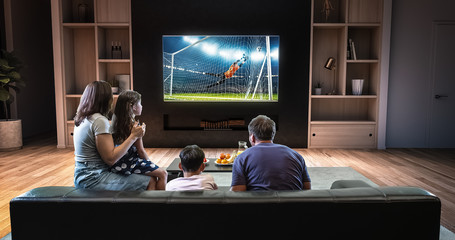 A family is watching a soccer moment on the TV and celebrating a goal, sitting on the couch in the living room.