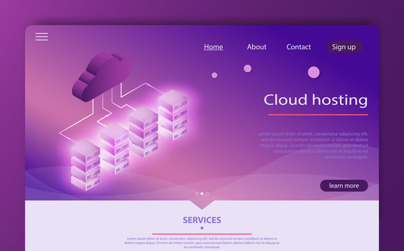 High technology concept, data center, cloud data storage isometric vector. Cloud computing concept.
