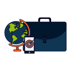 Briefcase and samrtphone with world globe
