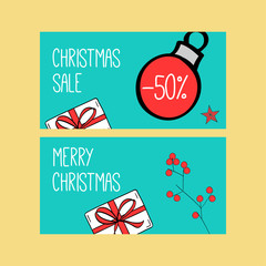 Christmas card. Merry christmas Gift card. Sale voucher, Gift Box. Web banner. Holiday present set.