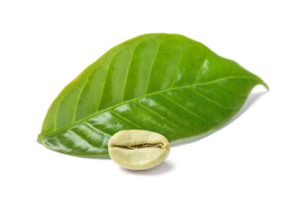 Green coffee bean and fresh leaf on white background