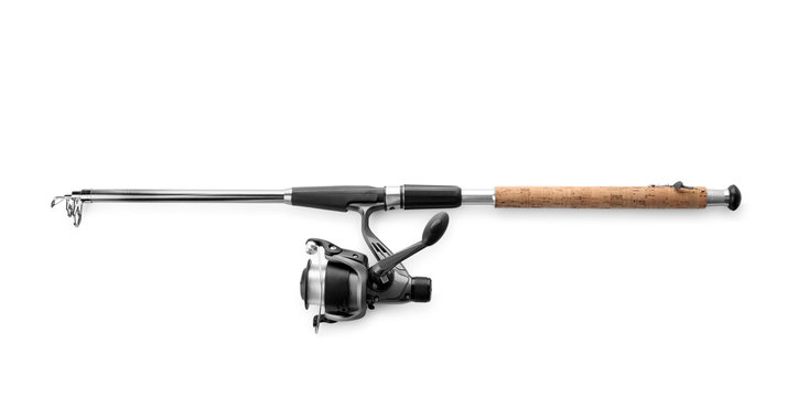 Modern fishing rod with reel on white background, top view