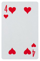 Playing card four of hearts isolated on white