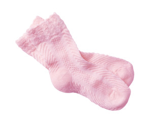 Cute child socks on white background, top view