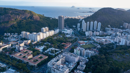 Aerial view on the drone cove of Botafogo in Rio de Janeiro, sea and boats in the late afternoon