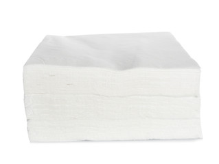 Stack of clean paper napkins on white background
