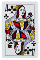 Playing card Queen of the cross isolated on white