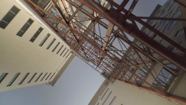 High Indsutrial building on Strijp-S in Eindhoven. The Netherland, Former indsutrial area of Electronical concern Philips. Blue sky.