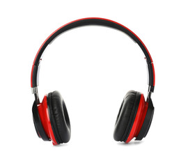 Stylish modern headphones with earmuffs on white background